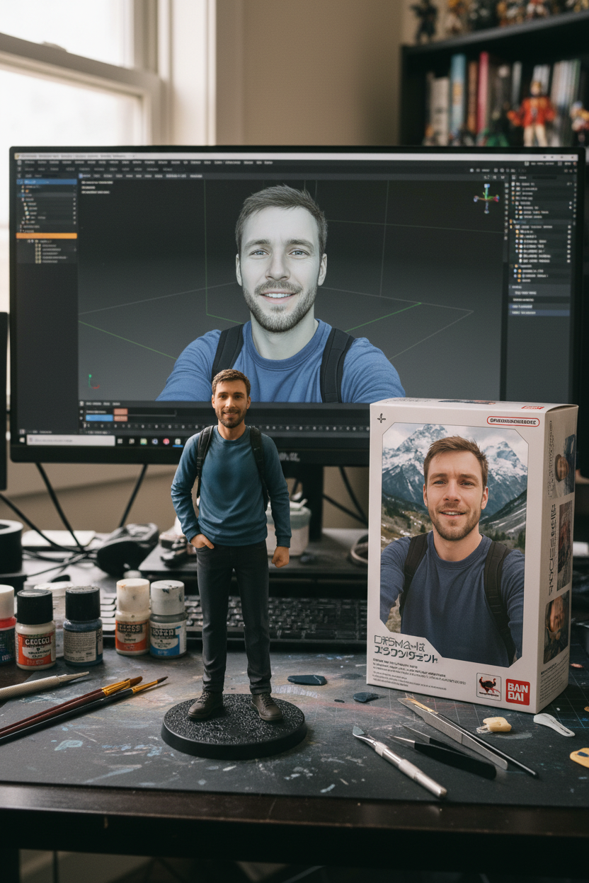 Create a 1/7 scale commercial figure of the character in the image, realistic style, real environment. Place the figure on a computer desk with the computer screen showing the C4D modeling process of this figure. Next to the screen is a BANDAI-style plastic toy packaging box with the original artwork. The desk also has tools for making figures, such as brushes, paints, craft knives, etc.